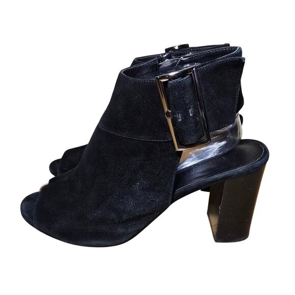Vaneli Black Peep Toe Block Heel Suede Leather Buckle Ankle Booties Sz 9.5 - Picture 2 of 8